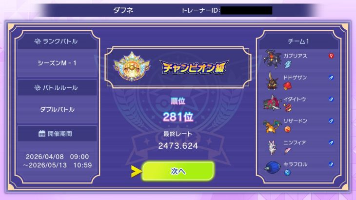ポケモンチャンピオンズ シーズンM1ダブル最終チャンピオン級最強構築